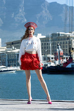 Load image into Gallery viewer, Red Ruffle Skirt with Ostrich Feather Detail